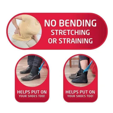 Durable sock aid device with a long handle, simplifying the process of putting on all types of socks.