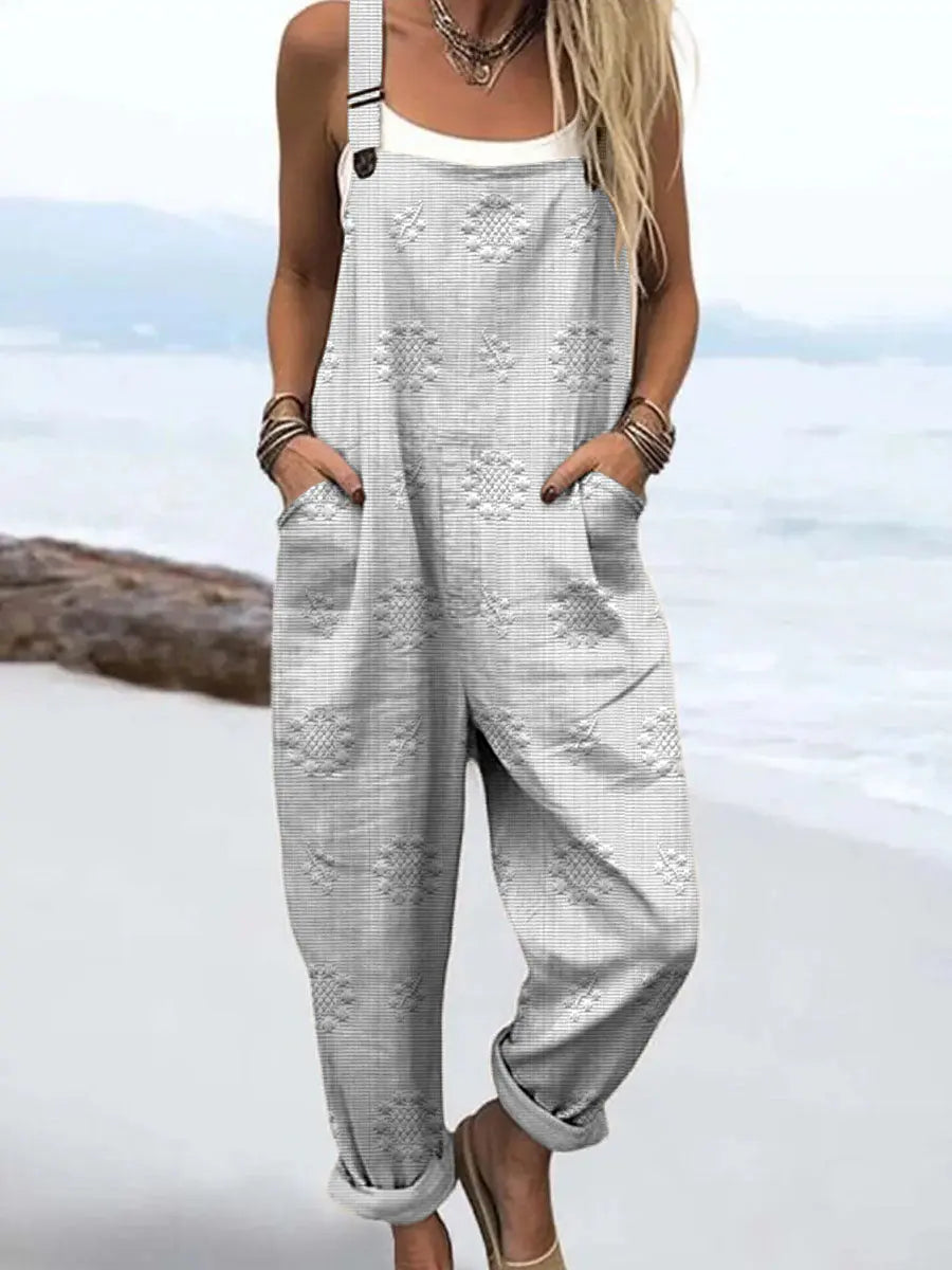 Effortless women's patterned jumpsuit featuring wide legs, adjustable fit, and pockets for stylish comfort.