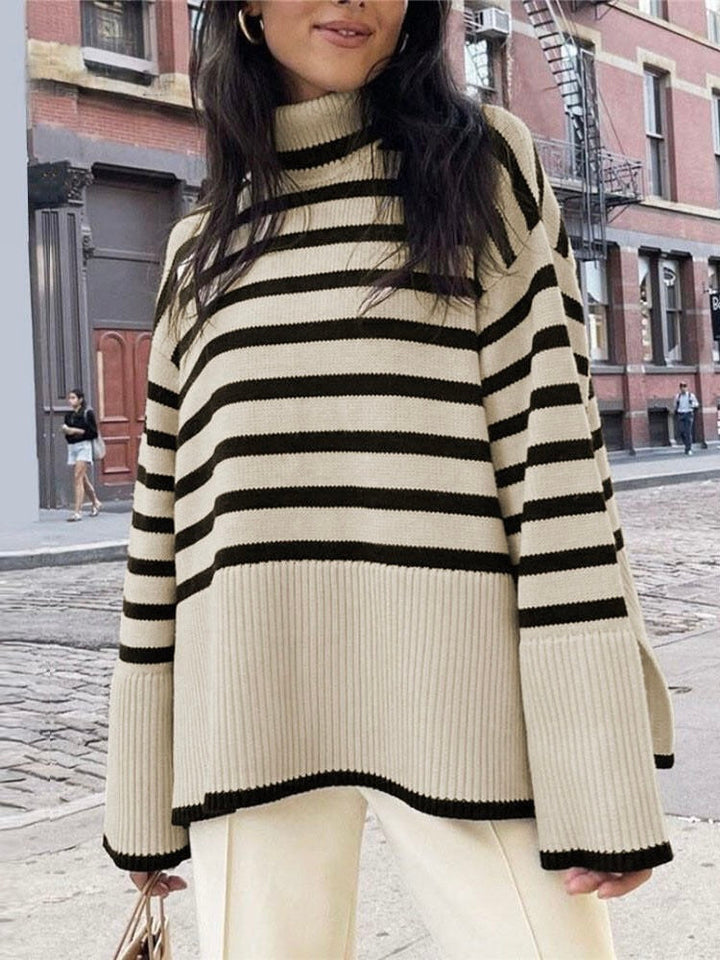 Woman modeling a chic and cozy turtleneck sweater, showcasing its elegant fit and comfortable winter style.