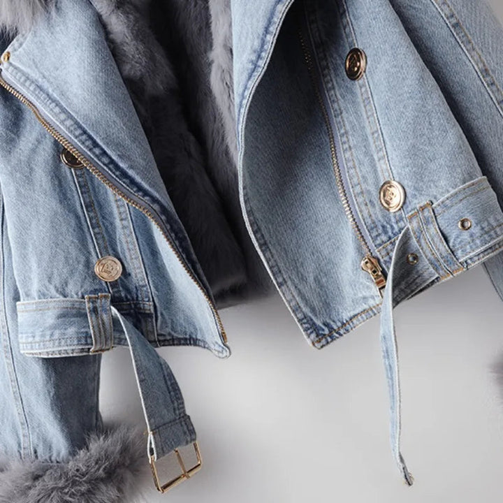 Elegant women's moto jacket with soft plush collar & cuffs. Fashionable seasonal outerwear, a classic apparel piece.