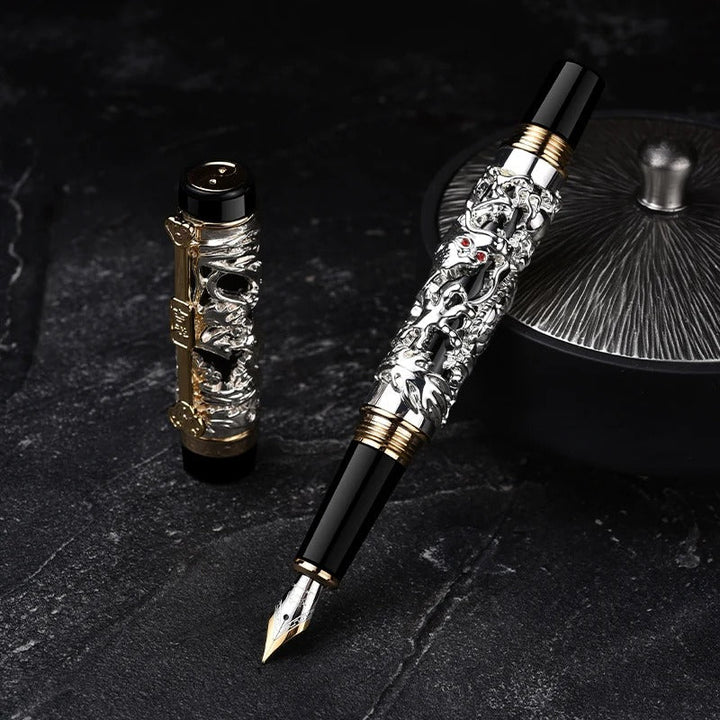 Close-up of intricate dragon sculpture on an elegant fountain pen, a unique luxury writing instrument.