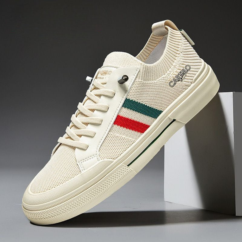 Detail of lace-up closure on men's casual sneakers, ensuring a secure and comfortable fit.