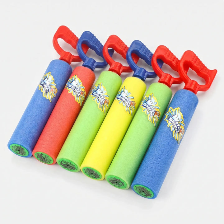 Children enjoying a backyard water fight with their safe foam water blasters, great for active outdoor summer entertainment.