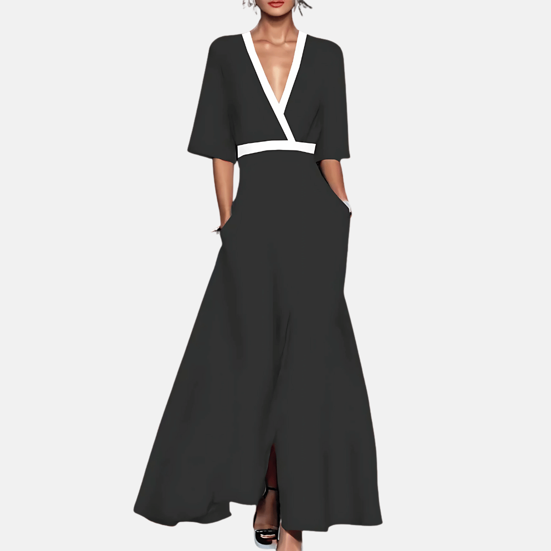 Casual women's summer floral maxi dress, A-line cut, short sleeve V-neck for breezy spring fashion.