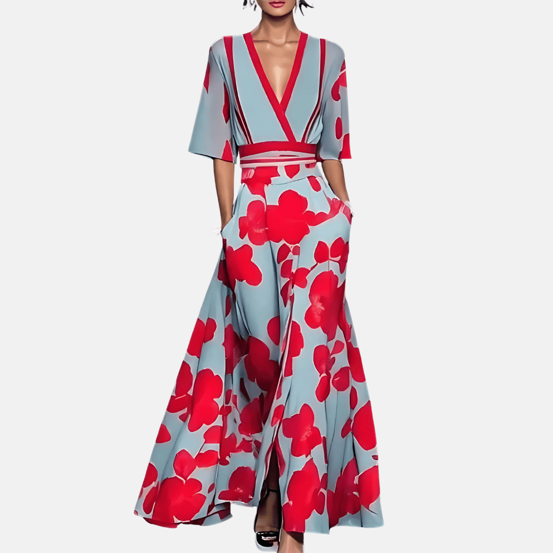 Women's floral print V-neck maxi dress with short sleeves, an elegant A-line summer or spring fashion choice.