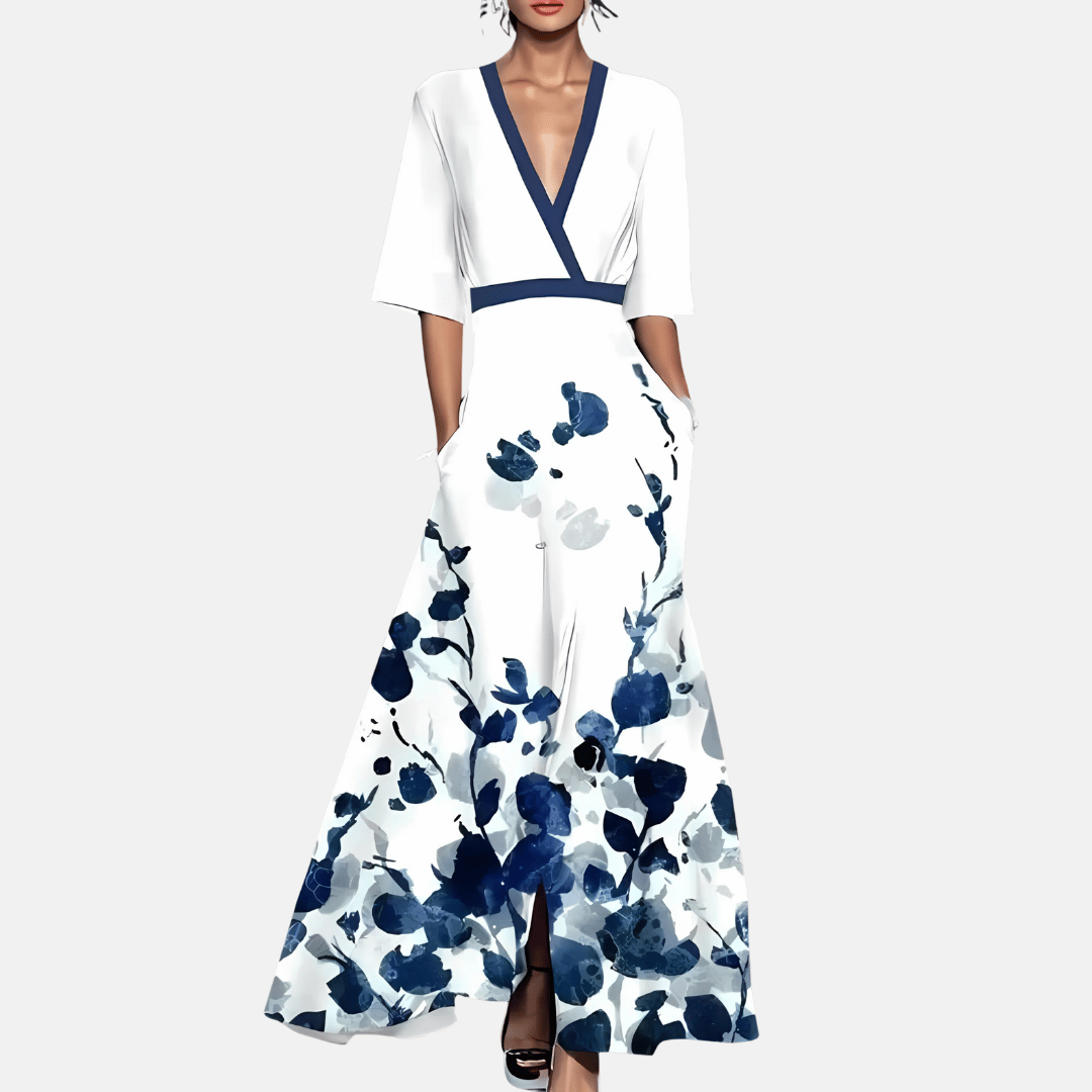 Stylish women's floral maxi dress, elegant V-neck & short sleeve design for versatile summer and spring wear.