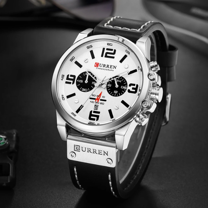 Men's sophisticated stainless steel chronograph watch on a durable black leather band.