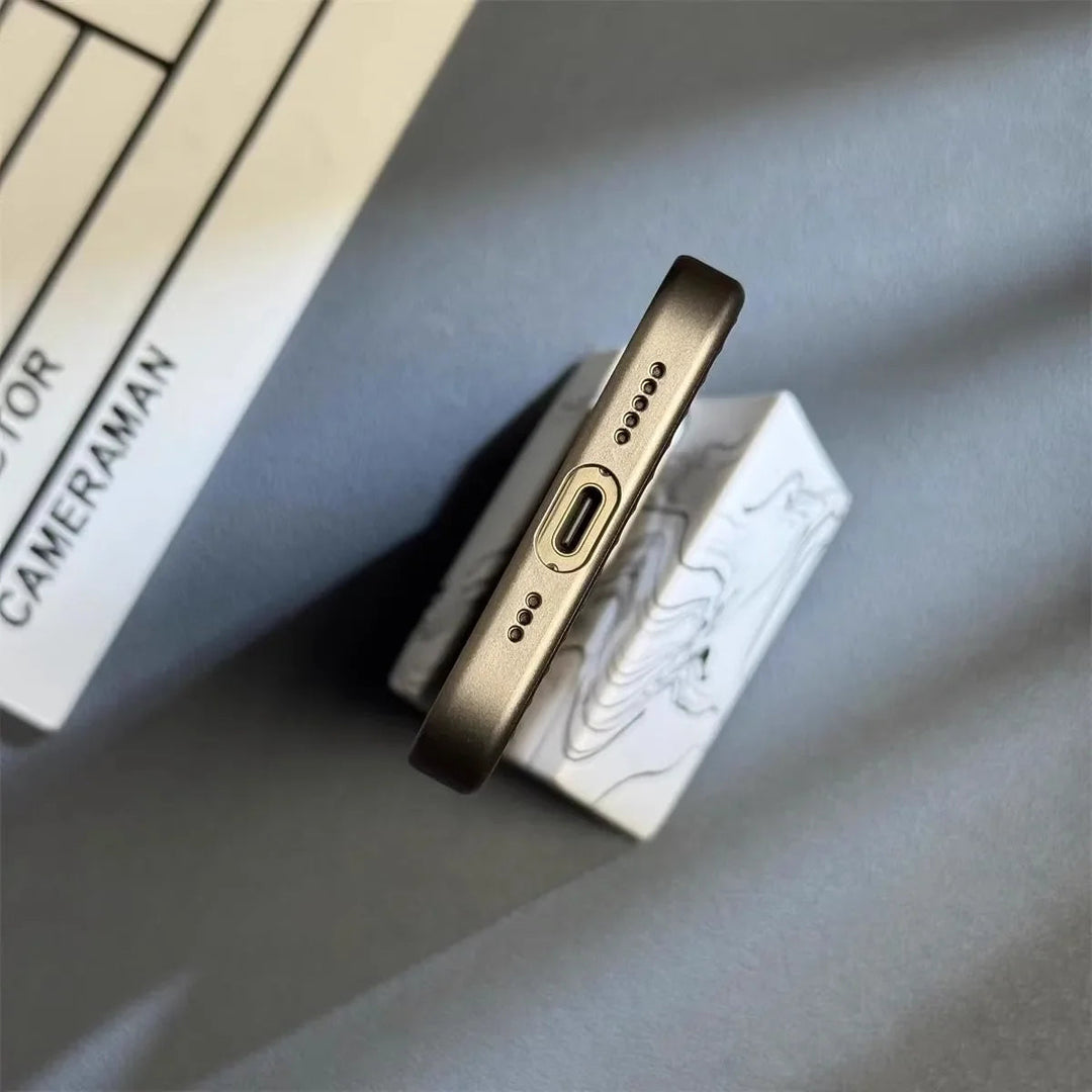 Side view of the men's Titanium Shield Pro iPhone case, emphasizing its slim profile and secure protective fit.