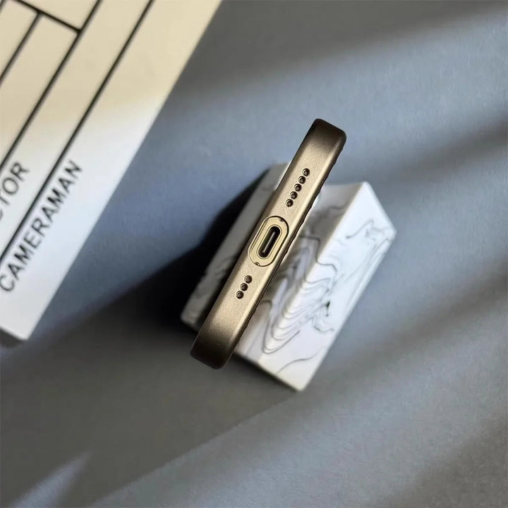 Side view of the men's Titanium Shield Pro iPhone case, emphasizing its slim profile and secure protective fit.