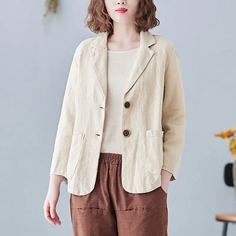 Comfortable lightweight linen blazer for women. Tailored fit, perfect for chic spring fashion & cool summer evenings.