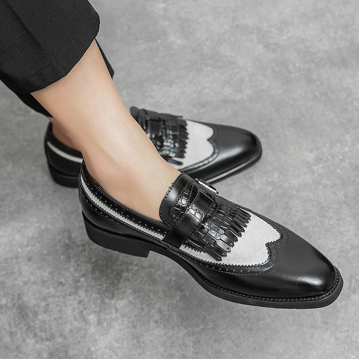 Durable men's fringe brogue loafers, slip-on dress shoes designed for timeless sophistication.