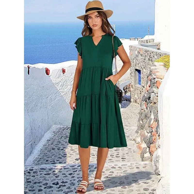 Women's comfortable summer midi dress with a V-neck, tiered design, and stylish flutter sleeves.
