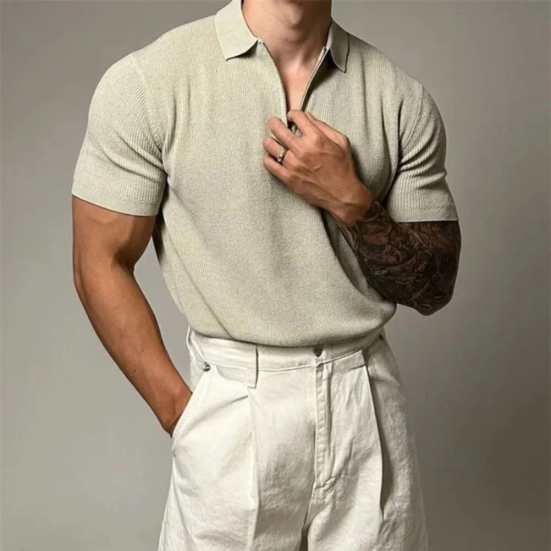 Men's Contour Zip-Up Polo Shirt with modern tailored fit. Comfortable knit fabric, perfect for casual style.
