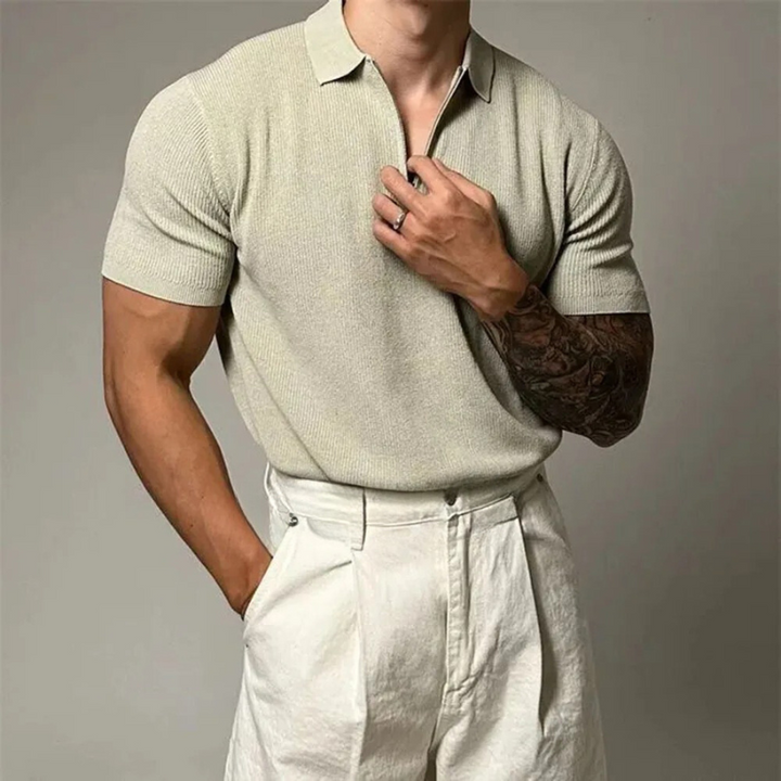 Men's Contour Zip-Up Polo Shirt with modern tailored fit. Comfortable knit fabric, perfect for casual style.