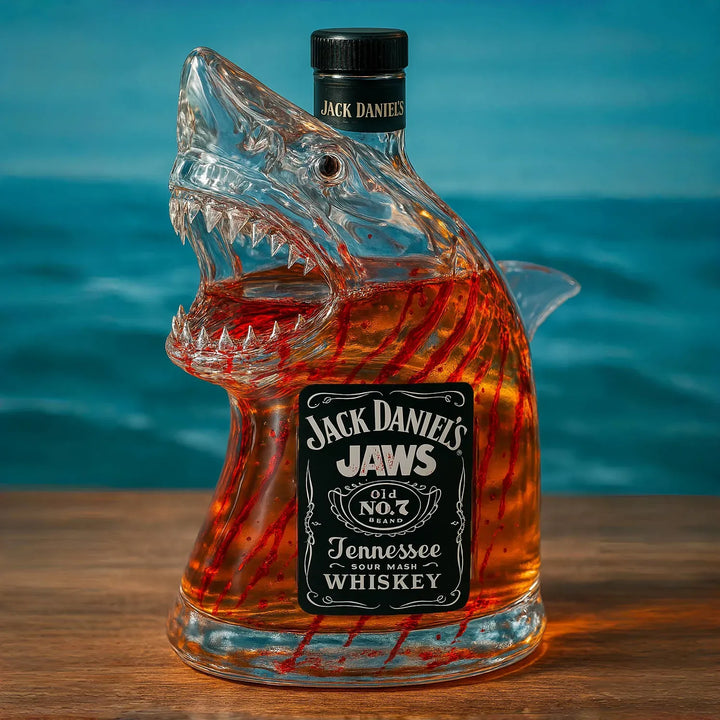 Limited Edition Great White Shark glass decanter. Hand-crafted barware, unique gift, and stunning ocean decor sculpture.
