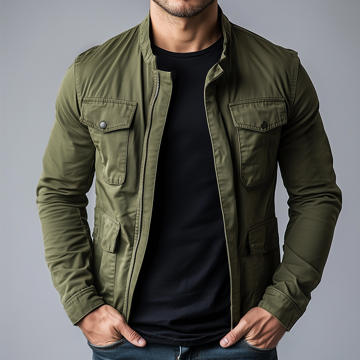 Versatile men's stand collar zipper jacket in green, ideal for casual layering & everyday mid-season fashion.