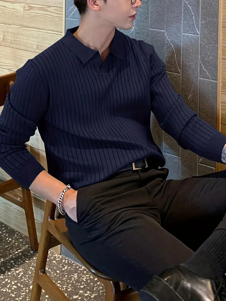 Soft touch men's ribbed knit polo shirt, combining comfort with a smart casual aesthetic.