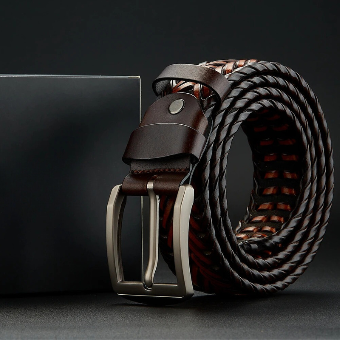 Elegant men's braided leather dress belt, crafted from genuine cowhide for a sophisticated look.