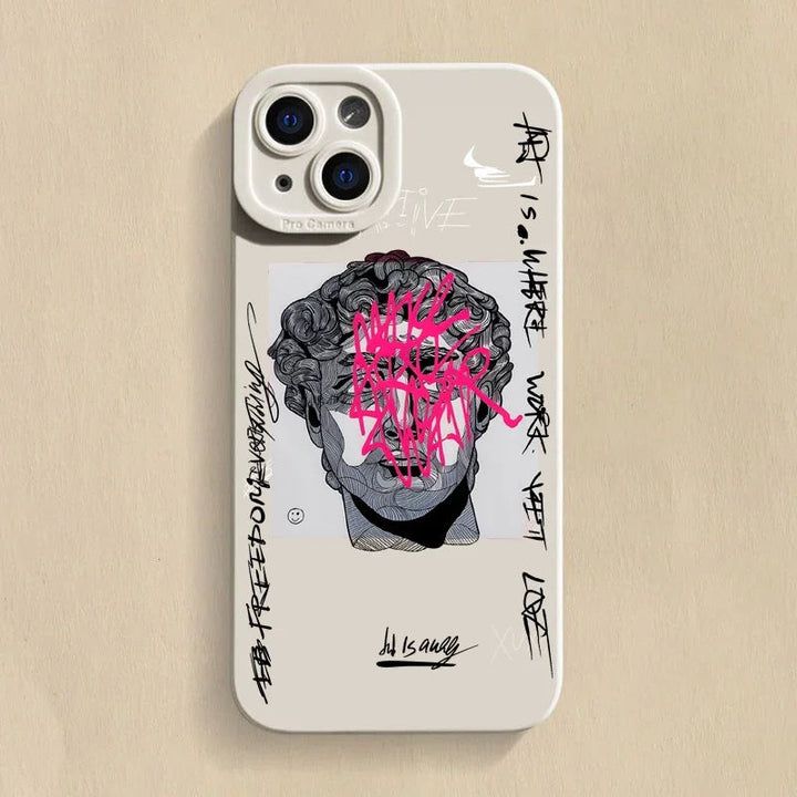 Mona Lisa & David graffiti iPhone case; artistic men's accessory provides sleek, protective phone cover.