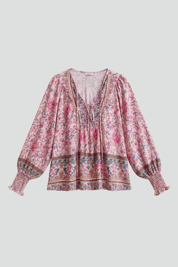 Women's loose fit floral blouse with V-neck & long sleeves. Perfect for spring & summer casual elegance.