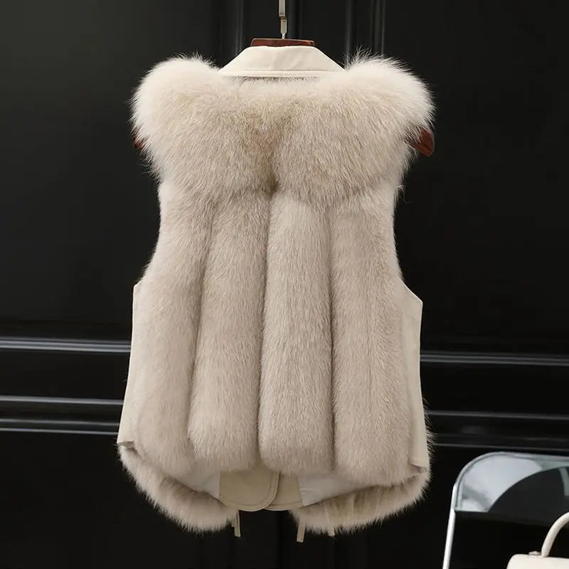Chestnut brown women's cozy vest, an elegant layering piece & winter outerwear. Stylish sleeveless jacket.