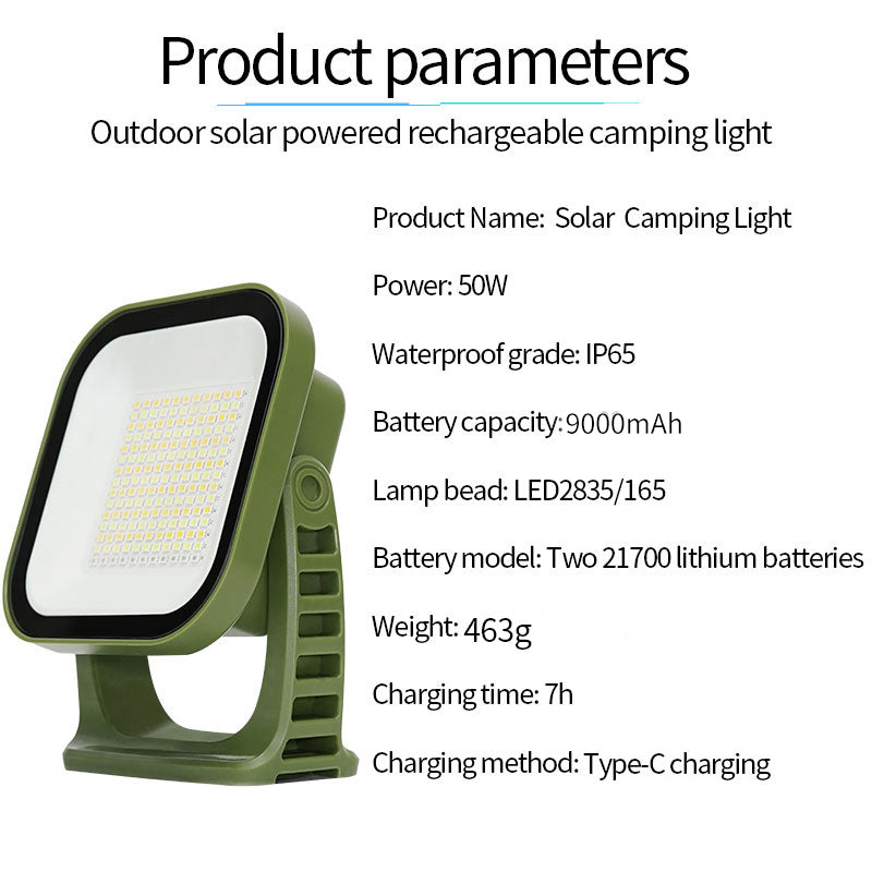 Outdoor 80W LED solar light, portable and robust, perfect for night camping.