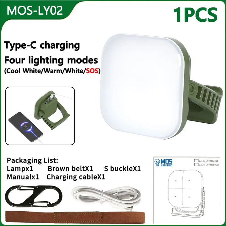 Multi-purpose 80W LED solar lamp: camping, emergency, and adventure-ready with zoom.