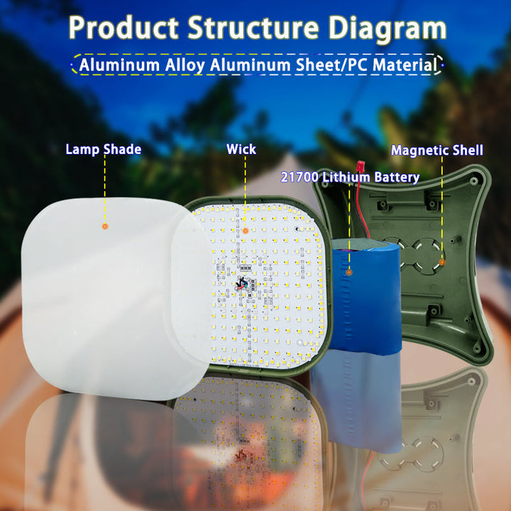 Bright 80W LED solar camping lantern, rechargeable, with magnetic base for hands-free light.