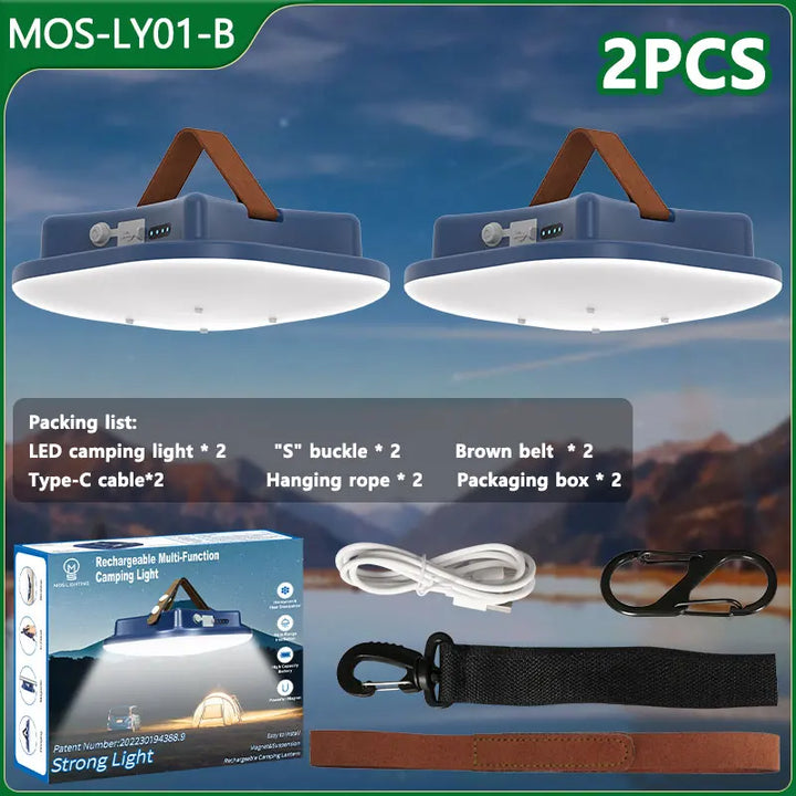 Hands-free 80W LED solar lantern with zoom, ideal for working or setting up camp.