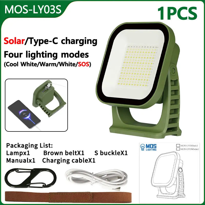 Focusable 80W LED solar flashlight & camping lantern, fully rechargeable.