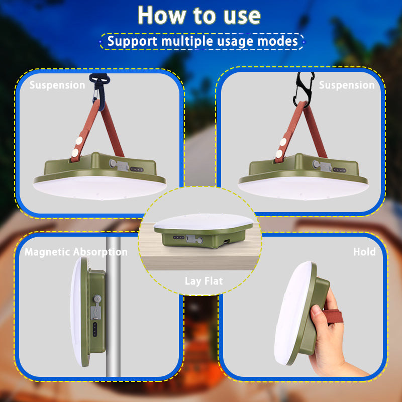 Compact 80W LED solar lantern with zoom, easy to carry for camping and hiking.