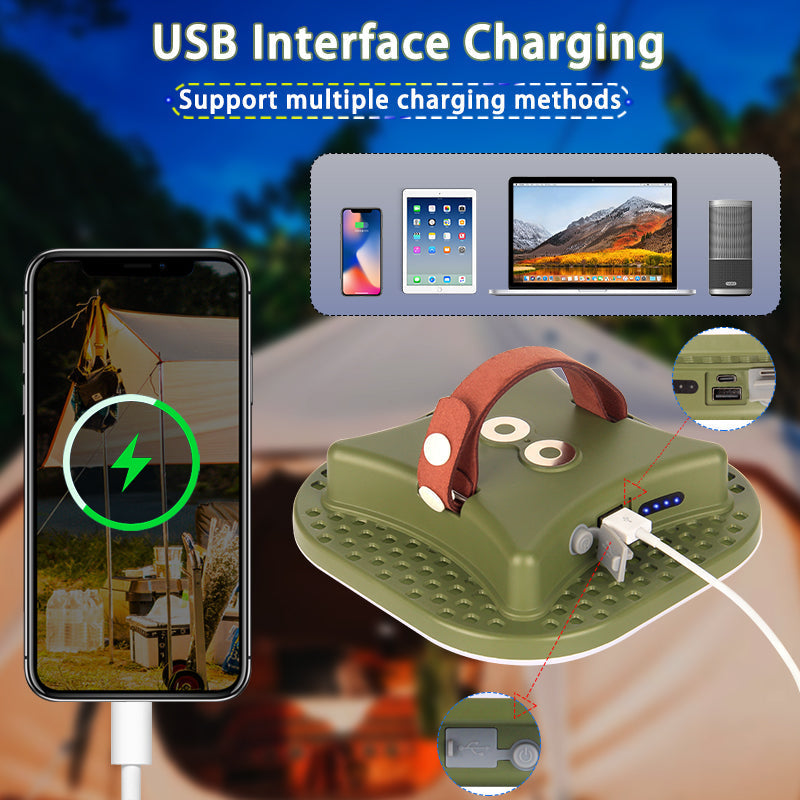 80W LED solar-powered camping lamp with magnetic attachment for hands-free convenience.