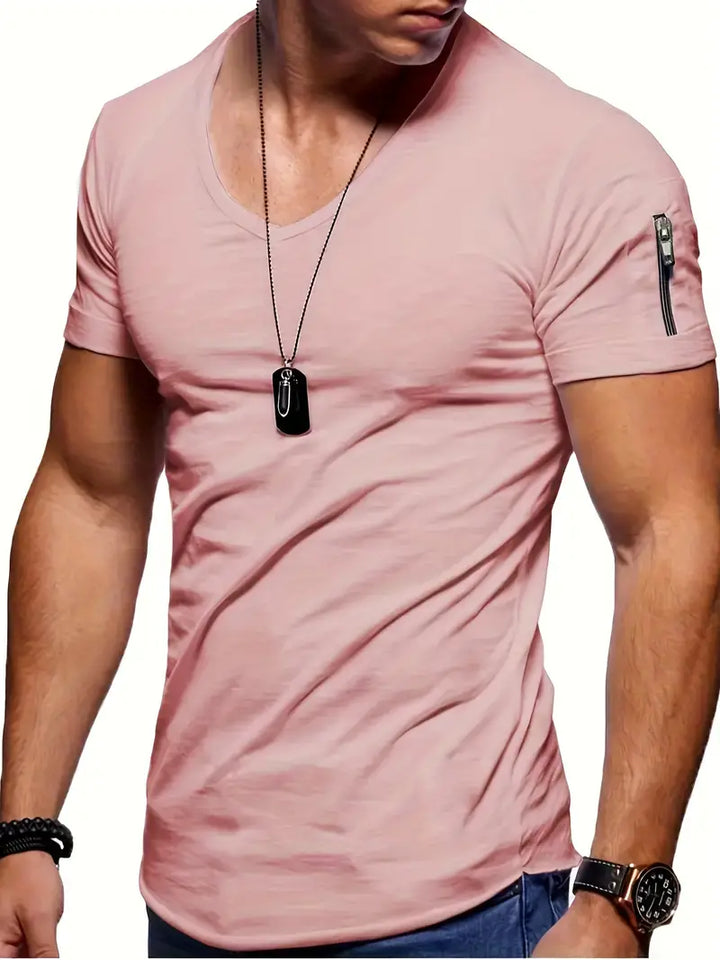 Soft, stretch men's V-Neck tee. Athletic fit with a stylish zipper pocket. Great for summer.