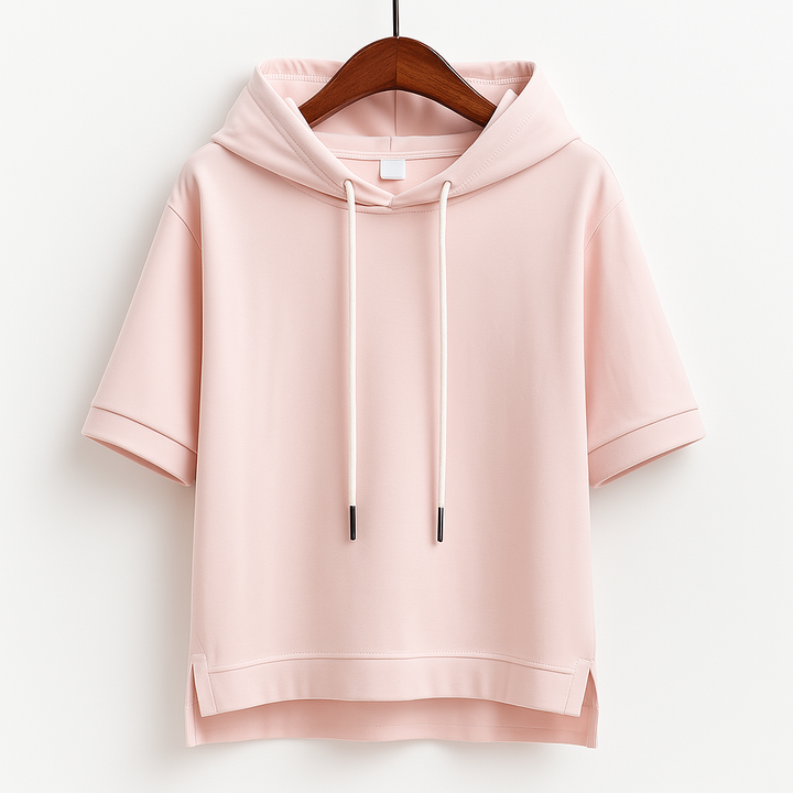 Women's stylish short sleeve hoodie with drawstring hood, perfect for casual comfort and everyday wear.