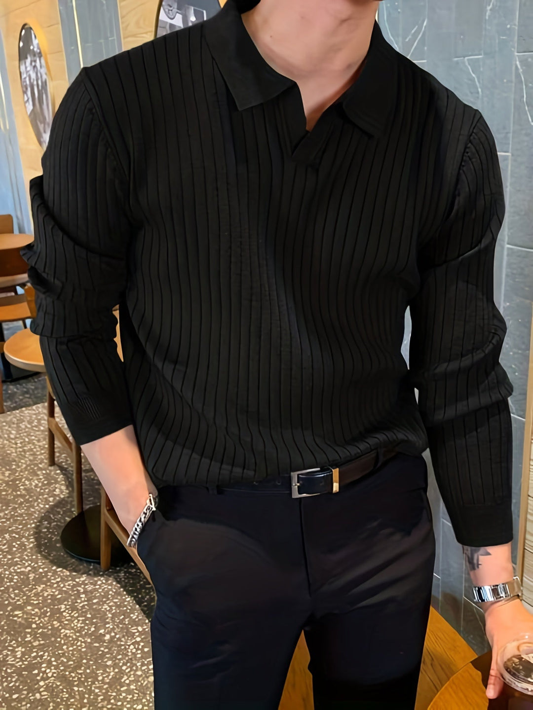 Classic black men's Vienna ribbed knit polo shirt, a timeless and essential wardrobe top.