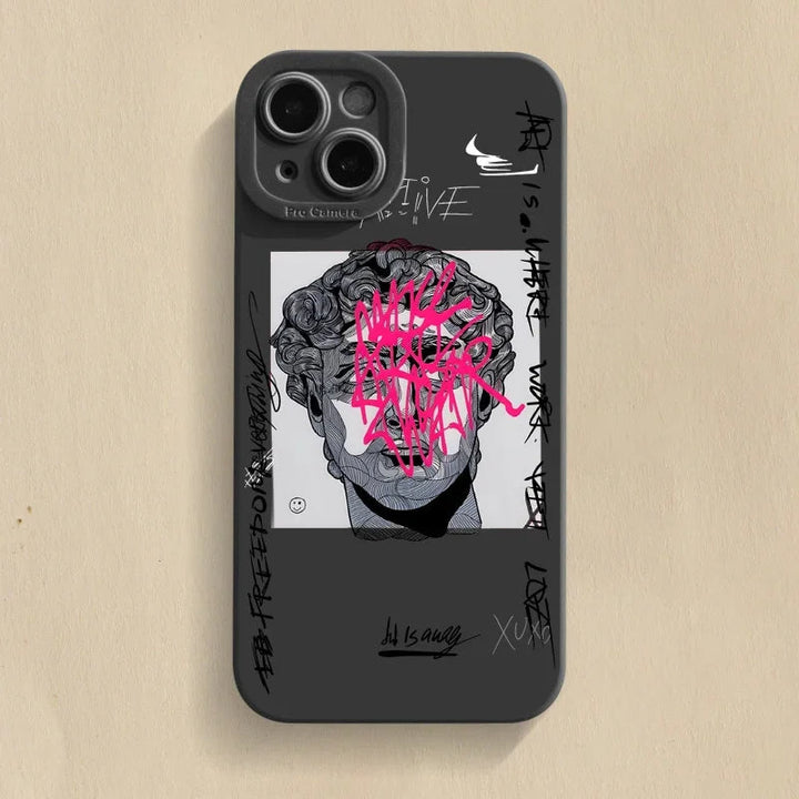 Modern graffiti art iPhone case for men, depicting Mona Lisa & David; offers sleek protection & easy charging.