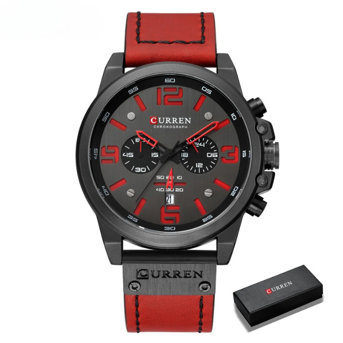Angled view of a men's durable stainless steel chronograph watch with a black leather strap.
