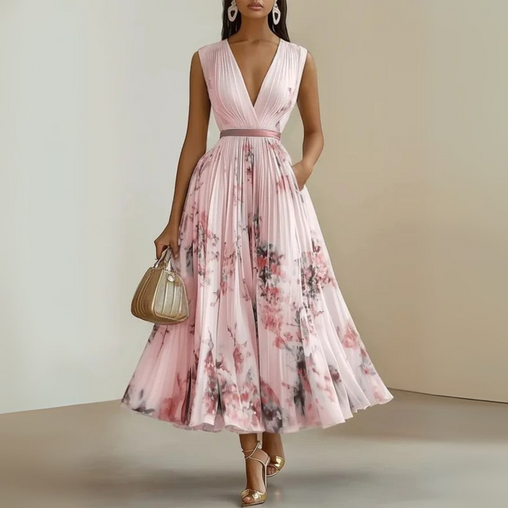 Beautiful women's summer maxi dress featuring a V-neck, delicate pleats, cinched waist, and pockets.