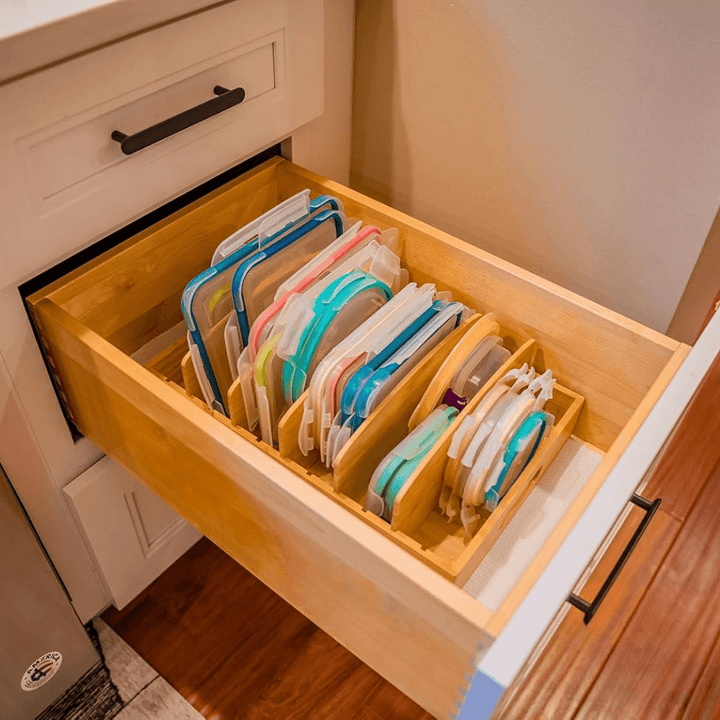 Verstellbarer Bambus-Deckelorganizer für Küche