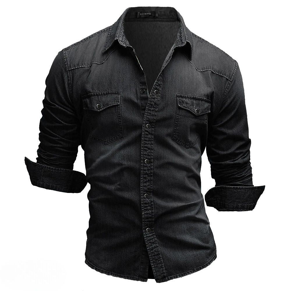 Stylish men's vintage wash denim shirt, western-style, long sleeve, featuring button-down closure & chest pockets.