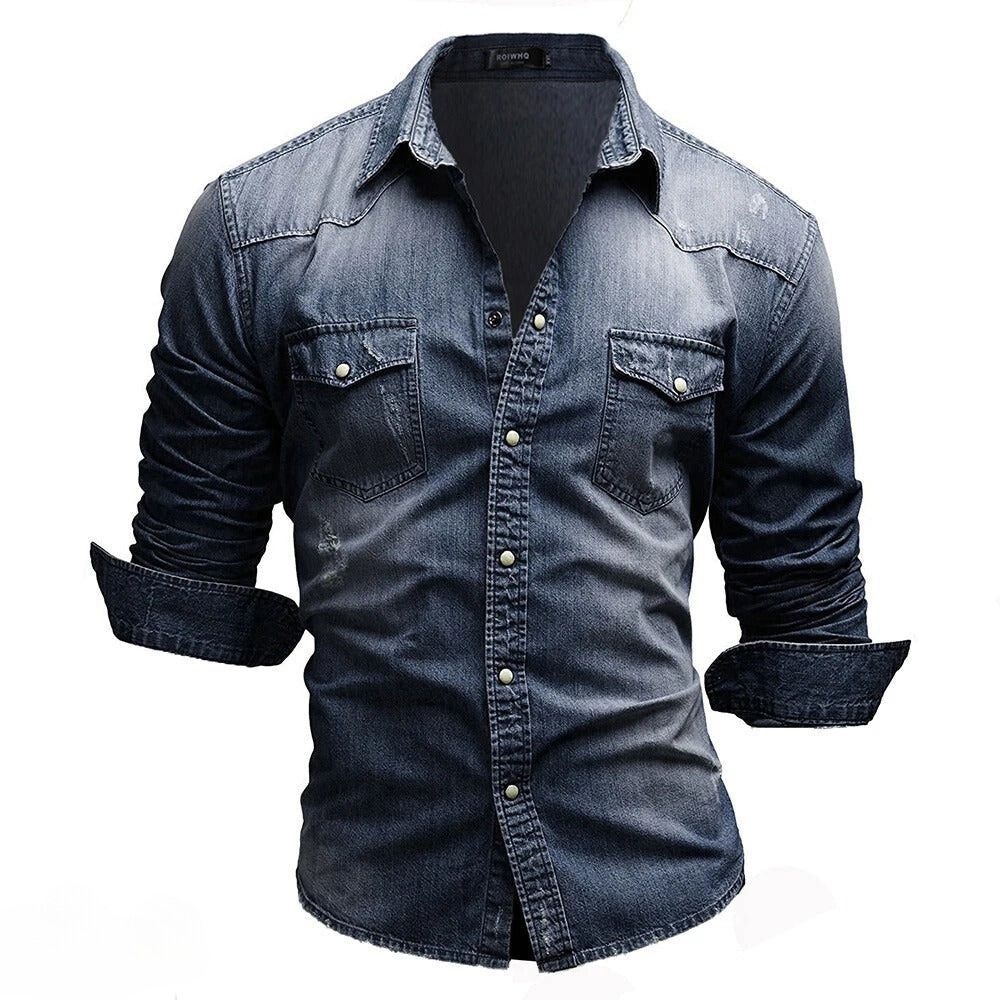 Men's long sleeve denim shirt, vintage wash, with button-down front & practical chest pockets. Versatile casual wear.