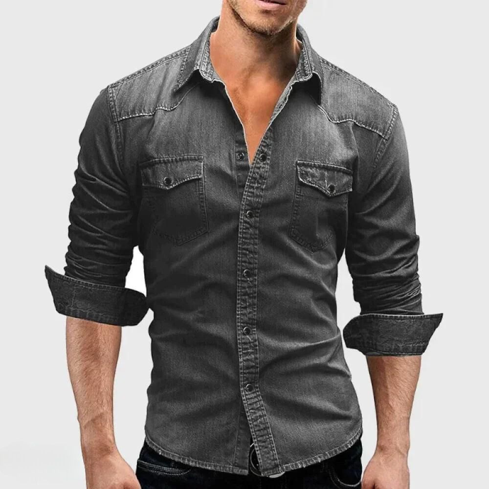 Men's vintage wash denim shirt, long sleeve, button-down, with dual chest pockets. Rugged casual style.