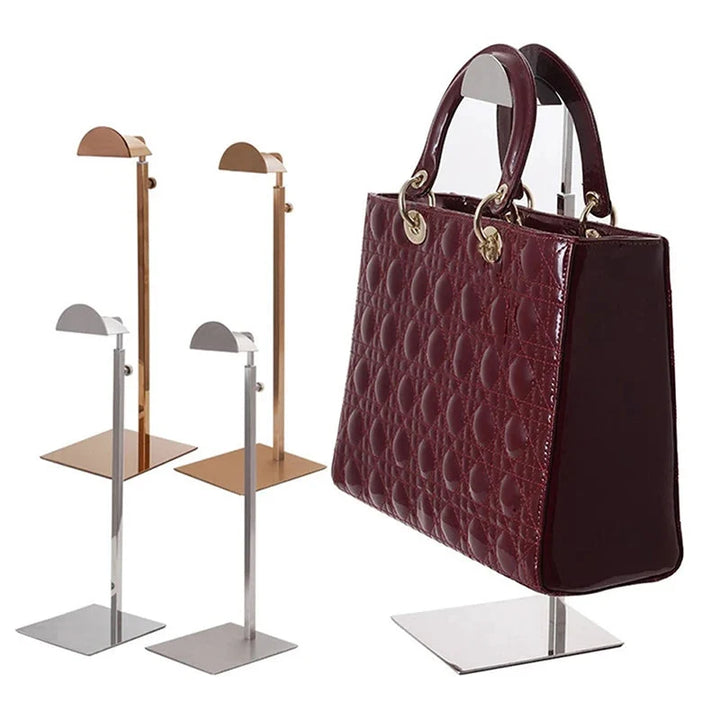 Luxury adjustable handbag display stand, gold stainless steel purse organizer for retail & home.