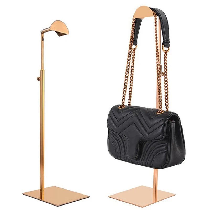 Adjustable handbag display stand for purses & bags. Versatile retail fixture or elegant closet organizer.