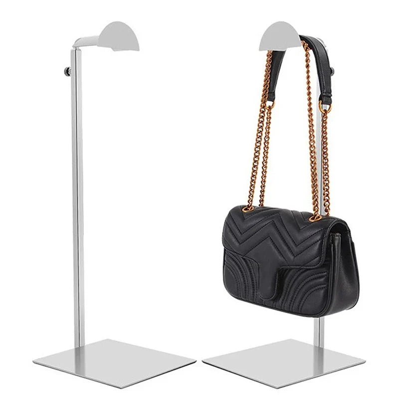 Sleek black adjustable purse holder, ideal retail display fixture for handbags. Modern bag organizer solution.