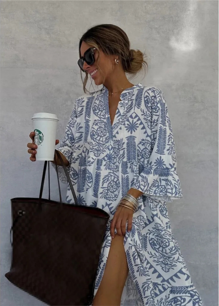 Boho print oversized midi dress for women, featuring a flowy silhouette & long sleeves, ideal as a statement summer dress.