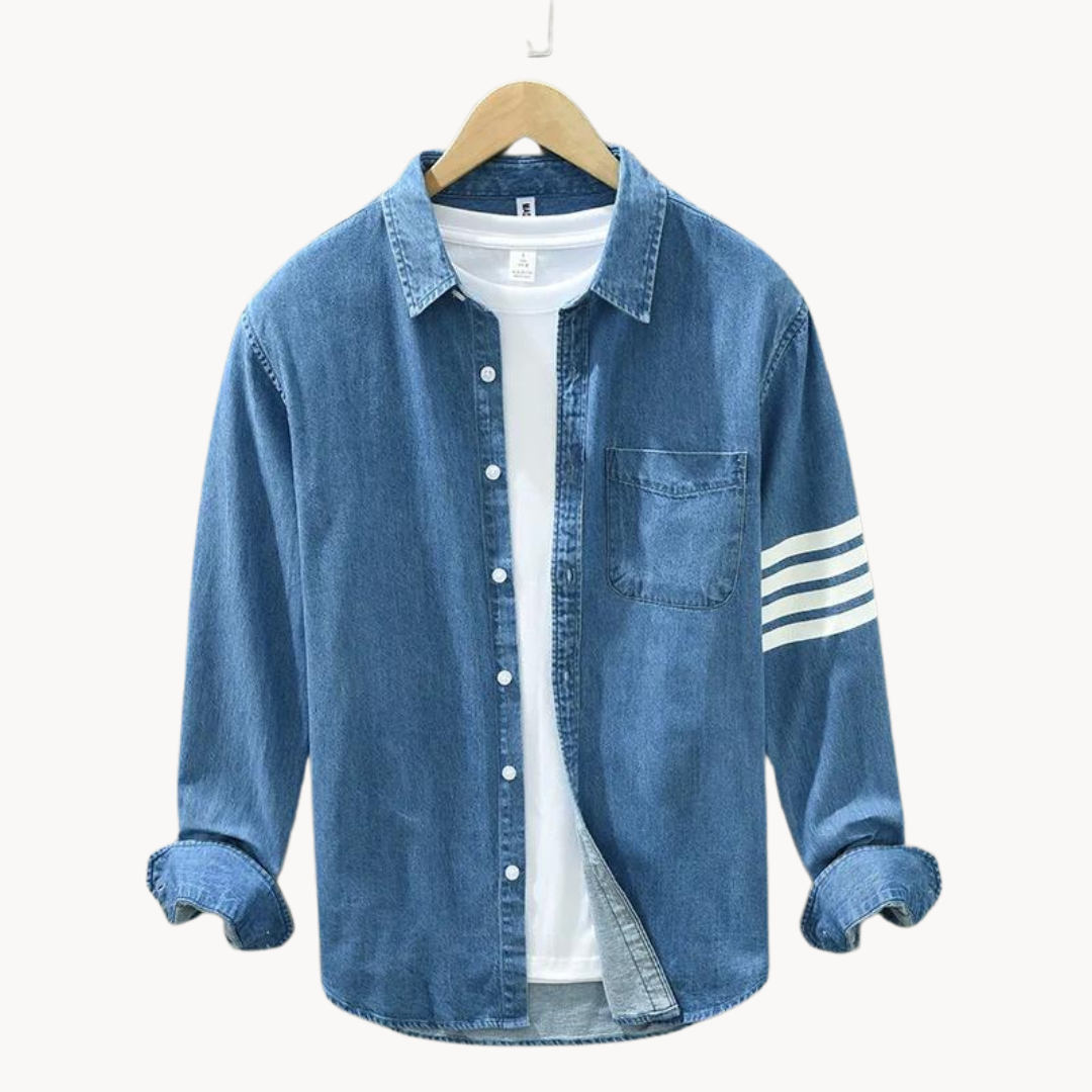 Men's stylish blue denim shirt, a long sleeve button-down for versatile casual wear & modern men's fashion.