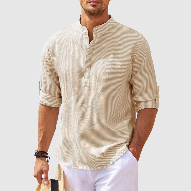Men's casual short sleeve henley shirt with button-up placket. Lightweight, breathable for summer fashion.