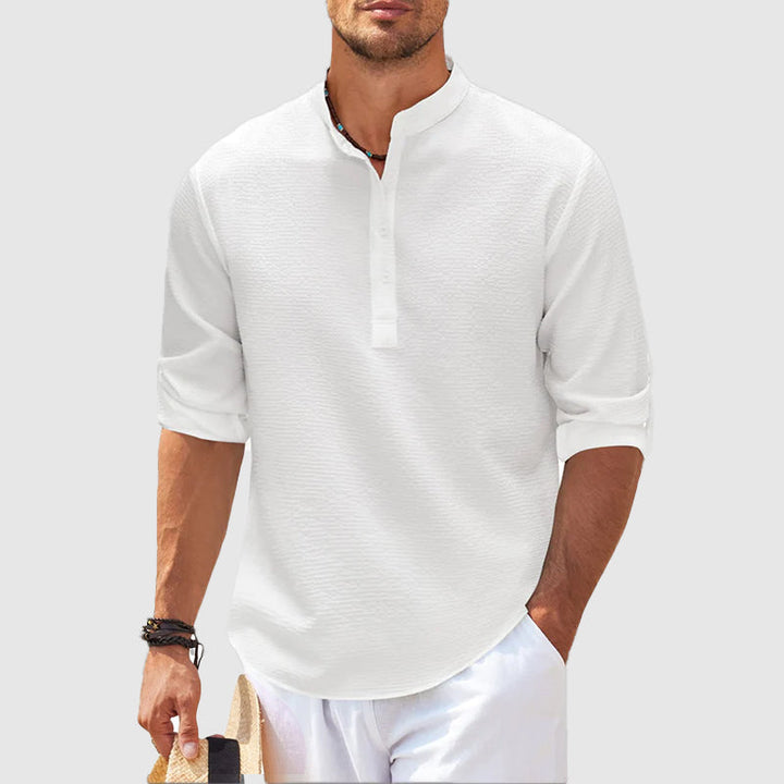 Men's relaxed fit henley shirt for casual summer wear. Lightweight & breathable short sleeve top.
