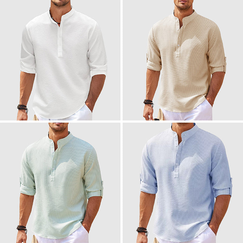 Stylish men's lightweight henley shirt. Breathable, short sleeve, casual button-up top for summer fashion.